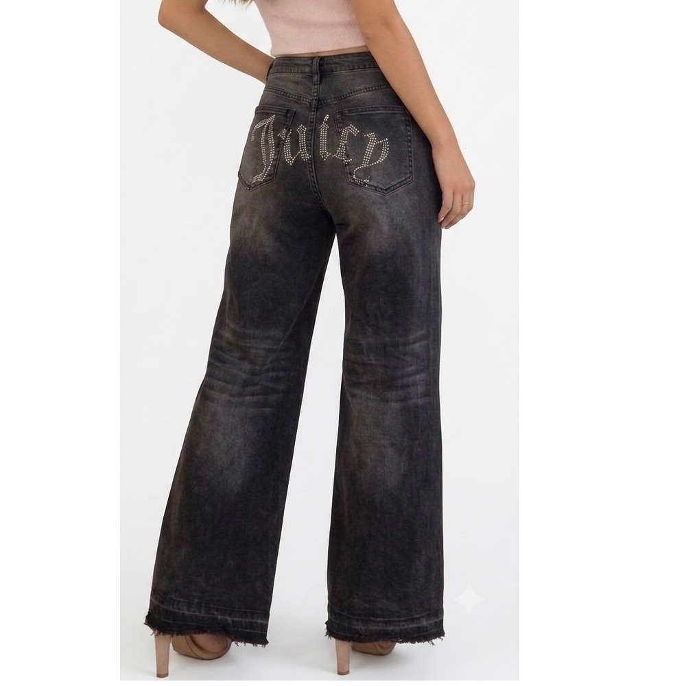 Juicy Couture Rhinestone Y2K Bling Wide Leg‎ Jeans 7/28 Raw Hem Stretch Denim